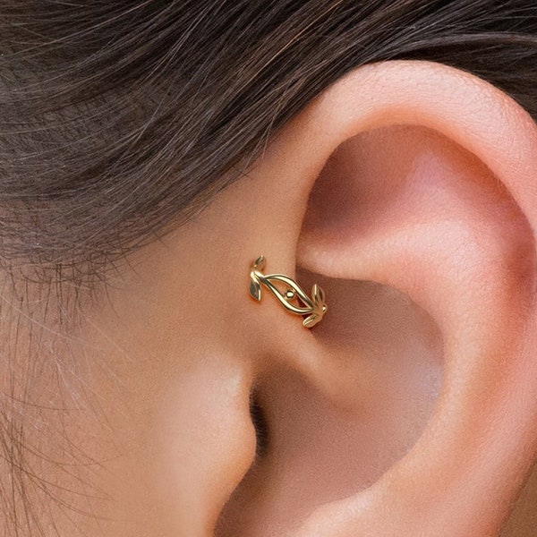 Leaf Forward Helix Earring, Boho Conch Piercing, Helix Hoop, Unique Helix Piercing, Gold Conch Piercing Hoop, Nature Inspired Small Hoop
