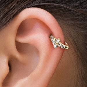 Diamond Cartilage Earring, 14K Gold Helix Clicker, Unique Helix Hoop, Modern Cartilage Ring, Genuine Diamond Hoop Earring, Minimal Jewelry
