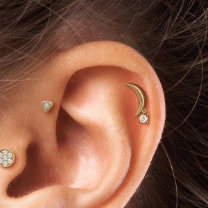 Diamond Dangle Helix Stud, 14K Gold Crescent Moon Earring, Curved Helix Earring, Cartilage Piercing, Diamond Helix Jewelry, 16G Labret Stud