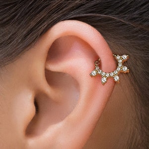 Unique 14k Gold Helix Piercing with Genuine Diamonds, 14K Real Gold Helix Ring, Solid Gold Cartilage Earring, Gold Helix Hoop