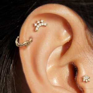 Geschwungener Helix Ohrstecker 14K Gold, winziger Diamant Ohrkriecher, Diamant Piercing, Labret Bolzen mit Innengewinde, Knorpel Ohrstecker