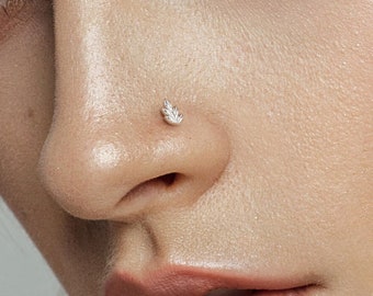 Silver Leaf Nose Stud, Tiny Nose Stud, Sterling Silver Nose Stud, L Shape, Leaf Nose Piercing, Unique Nose Piercing, Small Nose Stud