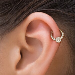 Floral Gold Helix Piercing, Solid Gold Cartilage Earring, Genuine Diamond Helix Earring, Flower Hoop Earring, Floral Helix Jewelry