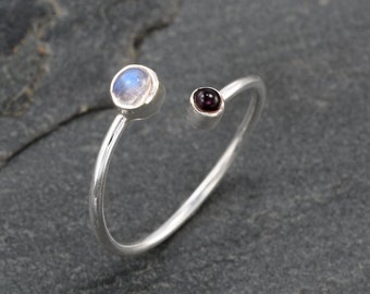 Edelsteen teenring, zilveren teenring, voetsieraden, verstelbare teenring, ingerichte teenringen, maansteen & roze granaat teenring