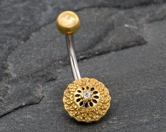 Flower Mandala Belly Button Ring, Belly Piercing, Belly Bar, Belly Button Jewelry