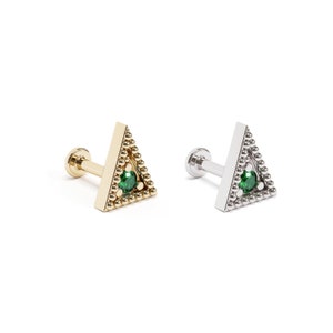 Emerald Triangle Cartilage Earring, 16G Helix Earring, 14K Gold Helix Piercing, Internally Threaded Labret, Beaded Cartilage Stud