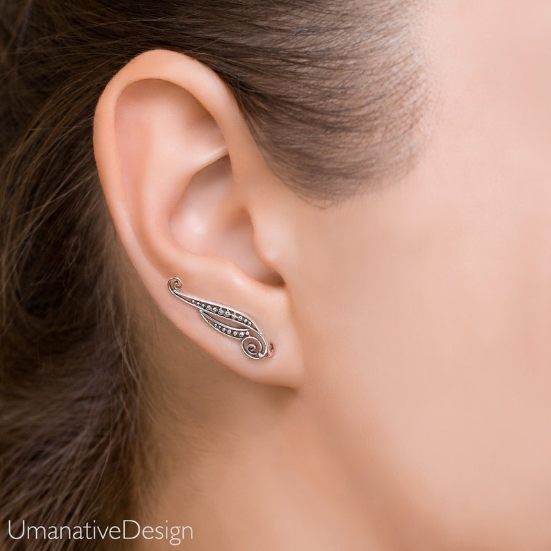 Sterling Silver Ear Crawlers, Ear Climber Earrings, Silver Ear Climber Cuff, Climbing Earrings image 1