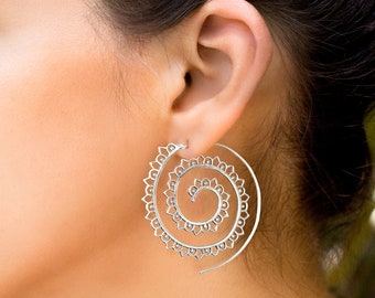 Large India Spiral Earrings, Silver Earrings, Boho Earrings, Bohemian Jewlery