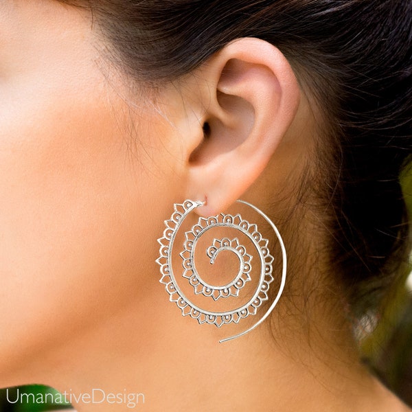 Large India Spiral Earrings, Silver Earrings, Boho Earrings, Bohemian Jewlery