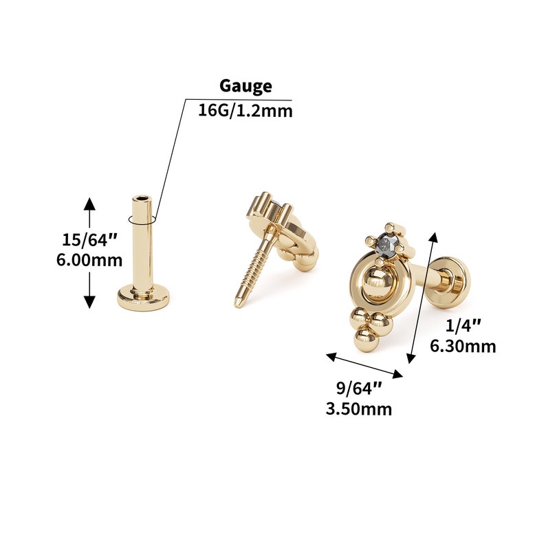 May include: Gold body jewelry with a black gem and a beaded design. The jewelry is 1/4 inch (6.30 mm) long and 9/64 inch (3.50 mm) wide. The gauge is 16G/1.2mm.