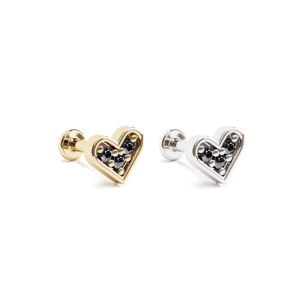 Tiny Black Diamond Heart Stud, 16G Tiny Diamond Labret Stud, 14K Solid Gold, 14K Internal Threaded Labret, Heart Helix Stud Earring