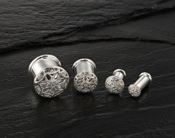 Sterling Silver Tunnels, Ear Gauges, Ear Tunnels, Plugs And Tunnels, Ear plugs, Gauges Plugs, Ear Gauges and Plugs, Flower Mandala Gauges