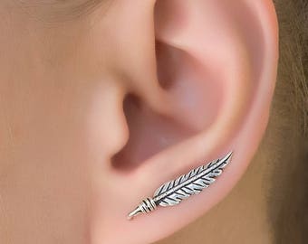 Feather Ear Climbers, Curved Ear Climbers, Climbing Earring, Silver Ear Crawlers, Ear Crawler Earrings, Bohemian Earrings