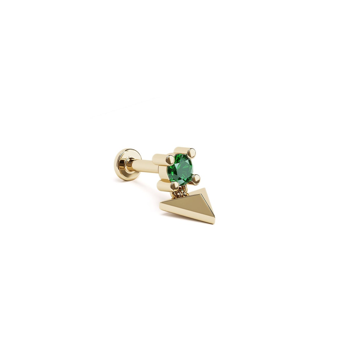 16G Emerald Dangle Internally Threaded Labret, 14K Gold Pyramid Tragus ...