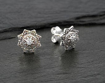 Silver Stud Earrings, Tribal Earrings, Star Earrings, Flower Jewelry, Sterling Silver Post Earrings, Flower Tattoo, Tiny Studs