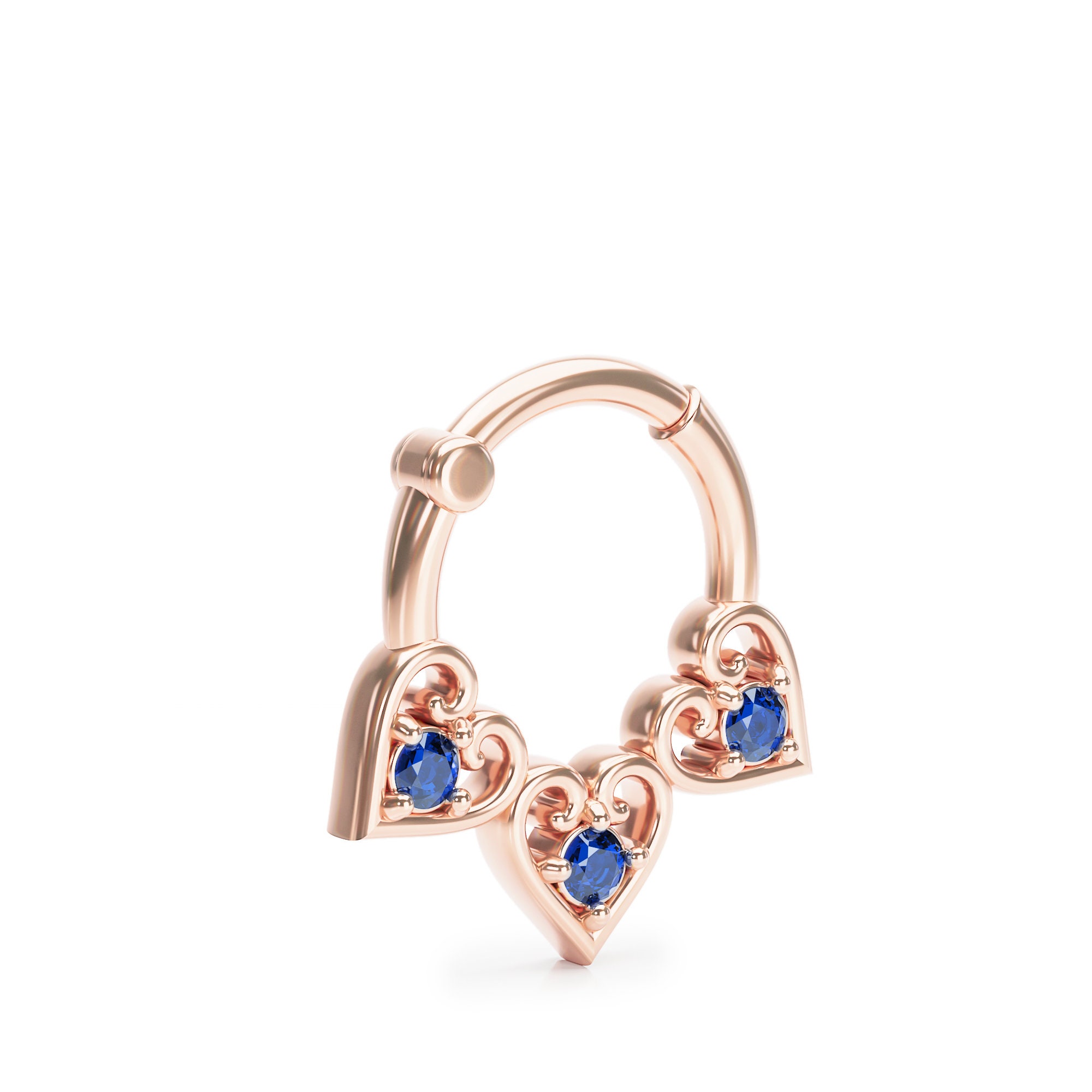 Septum Clicker, Blue Sapphire Septum Ring, 14K Gold Heart