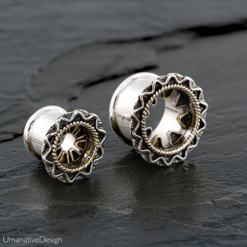 Plugs And Tunnels 0 Gauge Earrings 8mm Ear plugs Sterling Silver and Gold Tunnels Ear Tunnels Ear Gauges
