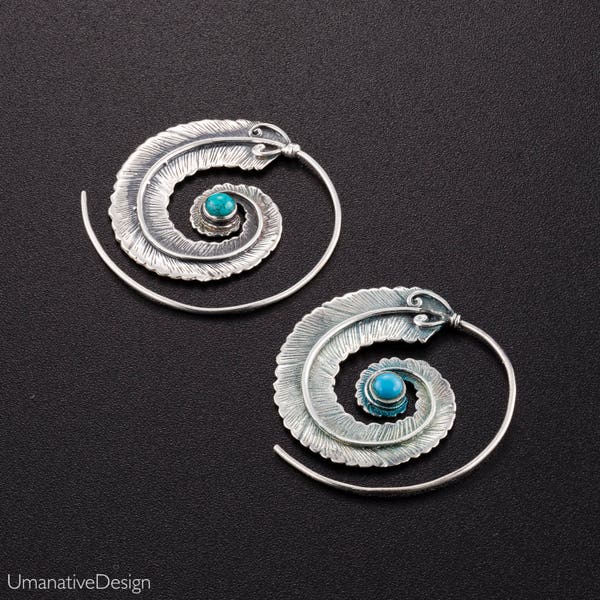 Sterling Silver Spiral Earrings, Turquoise Earrings, Large Silver Hoops, Bohemian Earrings, Tribal Earrings, Ethnic Earrings, Boho Jewelry