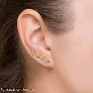 Gold Ear Climber, Unique Ear Crawlers, Statement Earrings, Tribal Ear Vines, Up the Ear Earrings, Ear Sweeps