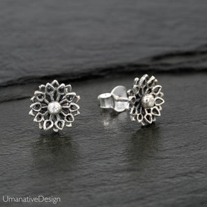 Stud Earrings, Tribal Earrings, Boho Earrings, Lotus Flower Earrings, Small Silver Earring, Geometric Earrings, Sterling Silver