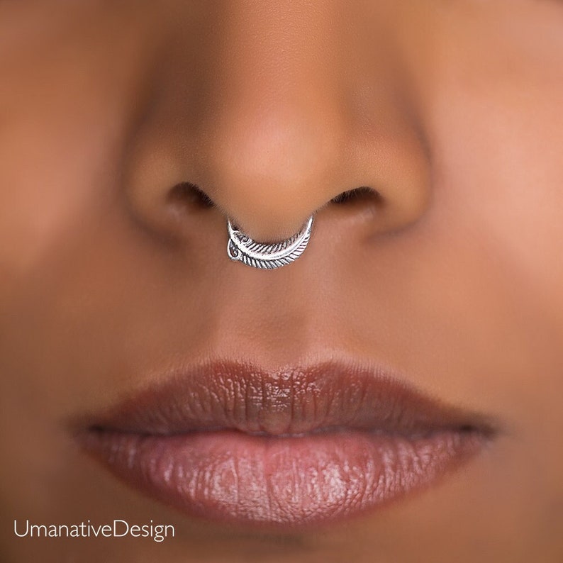 Beautiful Fake Silver Leaf Septum Ring for Non Pierced Nose, Fake Nose Jewelry, Septum Cuff, Clip On Septum Ring image 1