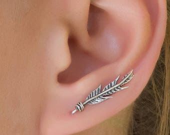 Pendientes trepadores de plata, pendientes trepadores, pendientes trepadores, pendientes trepadores, pendientes trepadores de hojas, pendientes trepadores de orejas curvados