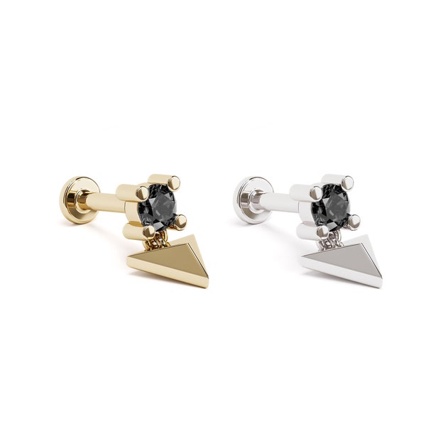 16G Black Diamond Dangle Internally Threaded Labret, 14K Gold Pyramid Tragus Stud, Tragus Piercing, Conch Earring, Cartilage Helix Stud