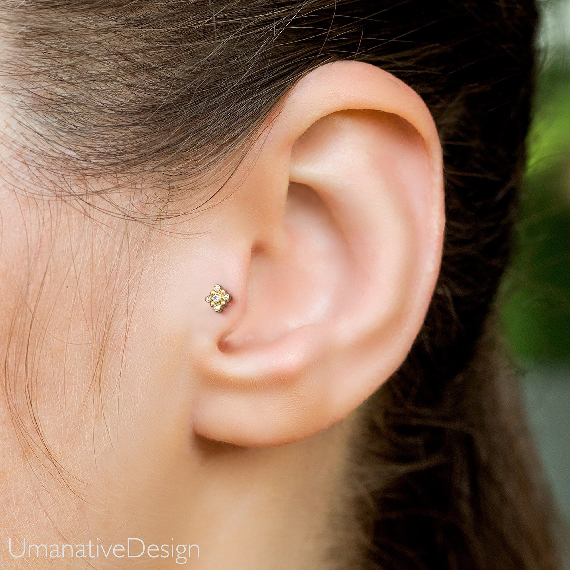 Delicate Real Solitaire Tragus Stud Piercing Gold Helix Stud