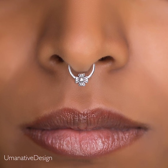 Tiny Silver Flower Septum Ring for Pierced Nose. Sterling Silver