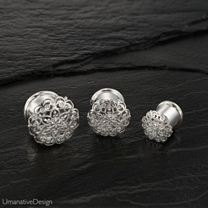 Silver Gauges, Ear Gauges, Plugs And Tunnels, Ear plugs, Ear Gauges and Plugs, Gauges Plugs, Flower Mandala Sterling Silver Ear Tunnels