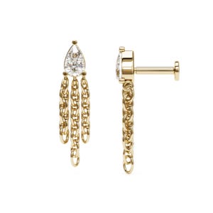 0.25 Carat Pear-Shape Diamond Stud, 14K Gold Chain Dangle Earring, Luxury Piercing Stud, Drape Chain Stud Earring, Cartilage Chain Piercing