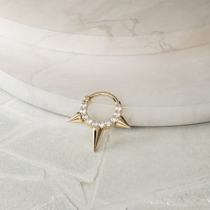 14K Gold Spike Helix Cartilage Hoop Earring with Genuine Diamonds