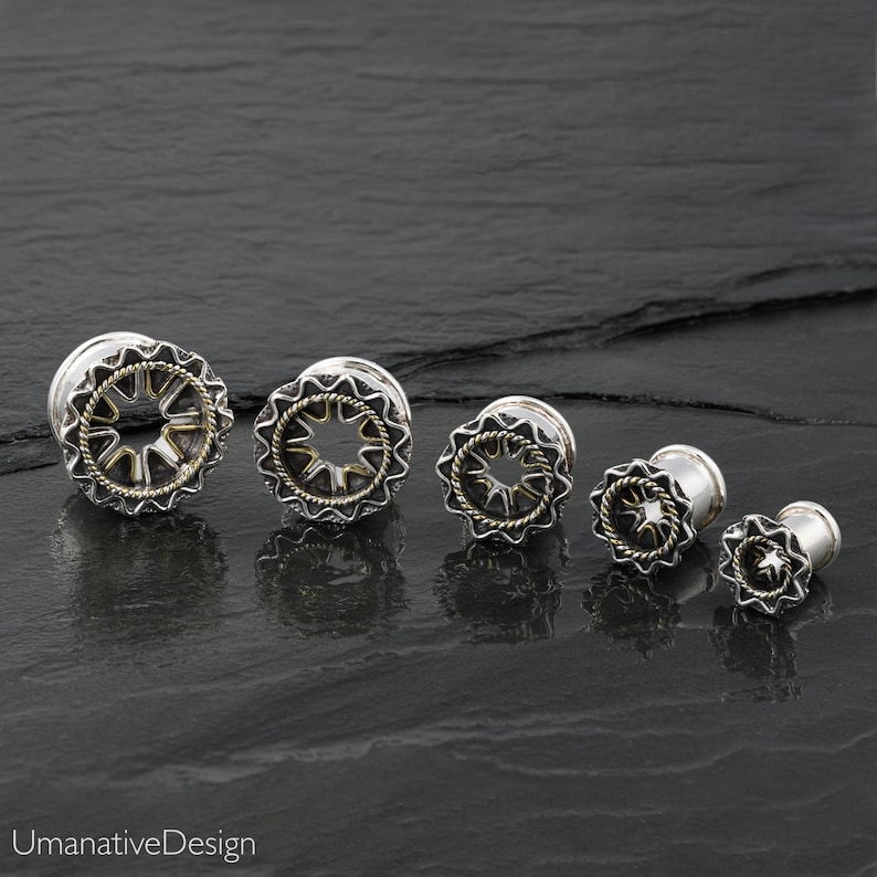 Plugs And Tunnels 0 Gauge Earrings 8mm Ear plugs Sterling Silver and Gold Tunnels Ear Tunnels Ear Gauges