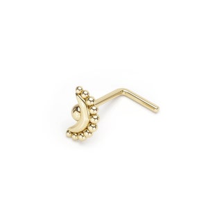 14K Gold Indian Nose Stud, Tiny Tribal Nose Stud, Solid Gold Nose Stud, Unique Flower Nose Stud, L Shape Stud, Nose Piercing
