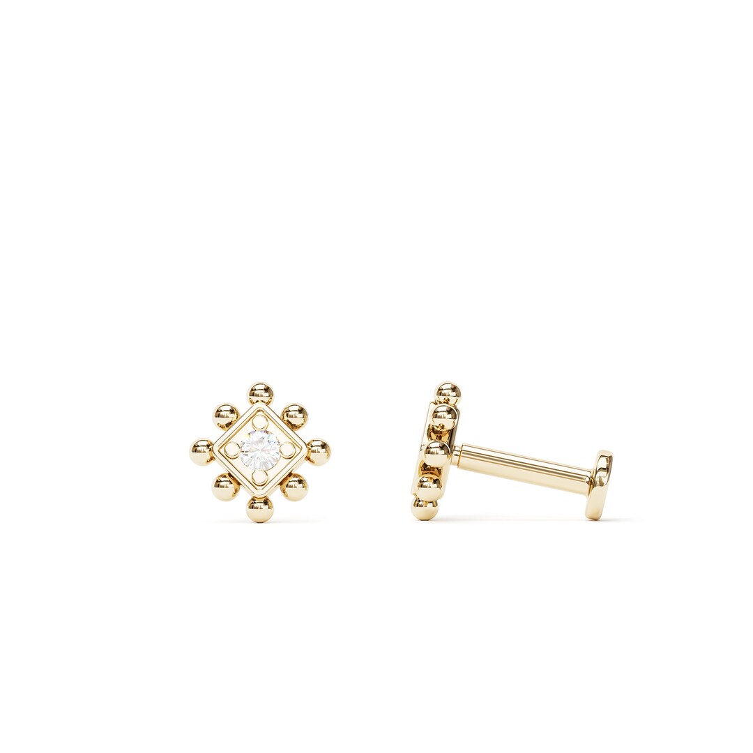 Diamond Conch Stud Earring, 14K Gold Labret Stud, Screw Back Stud ...