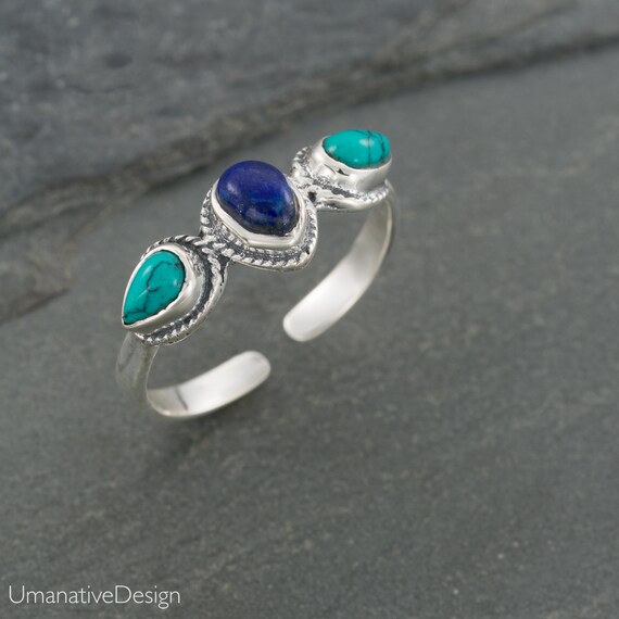 Lapis Lazuli Turquoise Silver Ring. Blue Gemstone Oval Ring