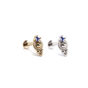 Perno para perforación de cartílago, pequeño perno para labio con zafiro de 16 g, perno para hélice con cuentas de oro de 14 quilates, perforación de zafiro, joyería para cartílago, pequeño perno de oro