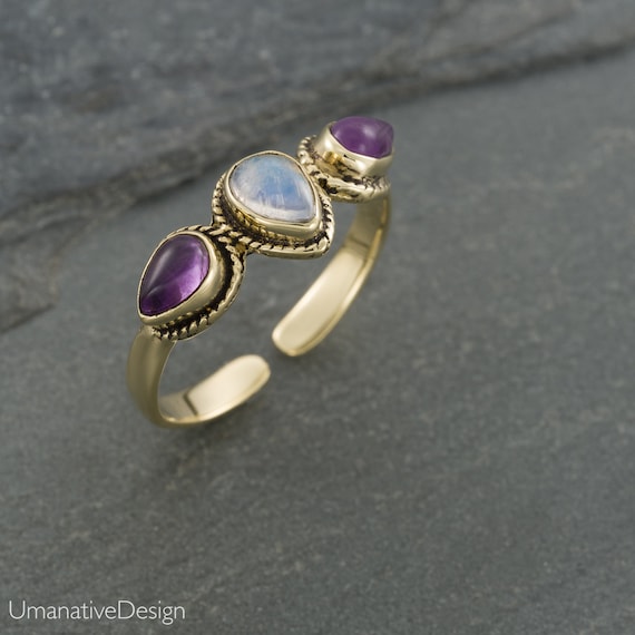 Rainbow Moonstone Ring, Amethyst Ring, Purple Gemstone Ring, Adjustable  Ring, Gemstone Ring, Bohemian Ring, Birthstone Ring