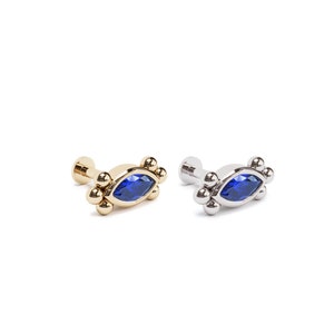 Marquise Sapphire Helix Stud, 16G Cartilage Stud, 14K Gold Labret Internally Threaded, Sapphire Piercing, 14K Gold Beaded Conch Stud