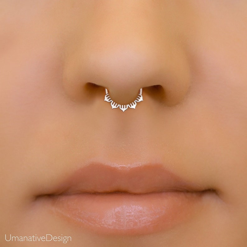 Minimalist Indian inspired faux septum cuff ring with a lotus design in sterling silver.
