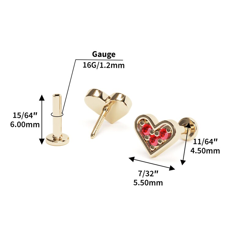 Puede incluir: Joyer&iacute;a corporal de oro en forma de coraz&oacute;n con piedras preciosas rojas. La joyer&iacute;a mide 11/64 pulgadas (4,50 mm) de ancho y 7/32 pulgadas (5,50 mm) de alto. El calibre es 16G/1,2 mm.