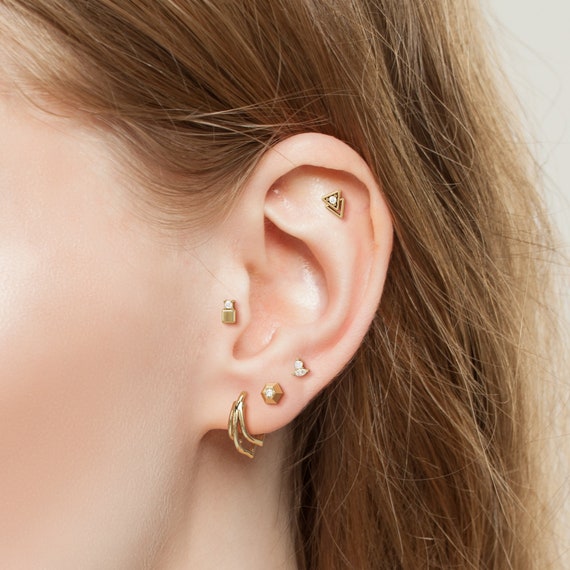 Diamond Square Tragus Earring, Minimalist Tragus Ear Piercing Stud, Solid  Real 14K Yellow Gold, 14K White Gold, Diamond Piercing, Geometric