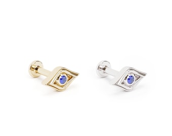 Sapphire Evil Eye Stud Earring, Tiny 14K Gold Eye Stud, Cartilage Stud Earring, Helix Piercing, Small Evil Eye Stud, 16G Solid Gold Stud