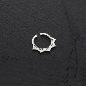 Minimalist Indian inspired faux septum cuff ring with a lotus design in sterling silver.