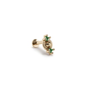14K Gold Tragus Labret Internally Threaded, Emerald Stud Earring, Solid Gold Flat Back Helix, 16g Screw Back Labret, Emerald Piercing