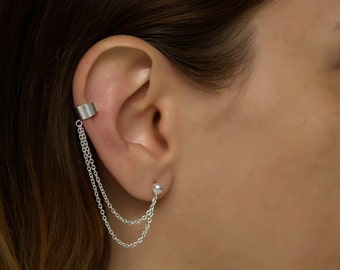 Boucle d'oreille double chaîne en argent, Bijou d'oreille double chaîne, Bijou d'oreille, Bijou d'oreille, Bijou d'oreille en argent sterling, Bijou d'oreille, Chaîne de manchette d'oreille