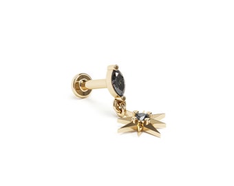Black Diamond Starburst Dangle Stud Earring, 14K Gold Labret Internally Threaded, Marquise Black Diamond Stud, Forward Helix Flat Back