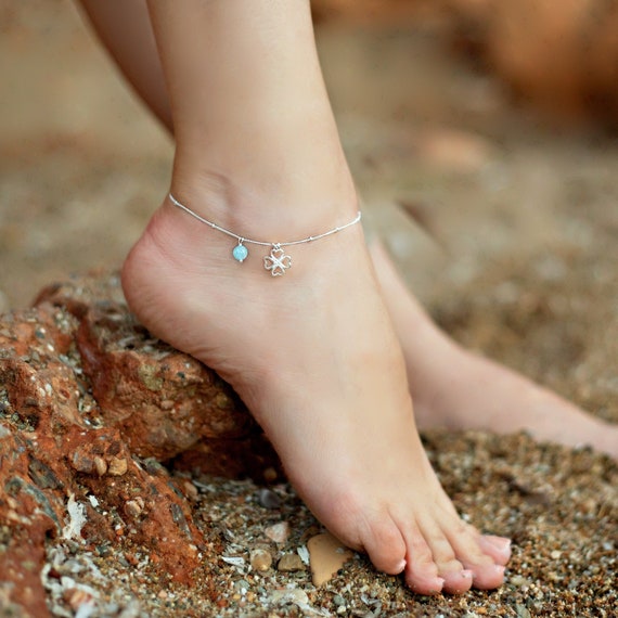 Natural Aquamarine Anklet Clover Charm Ankle Bracelet Dainty