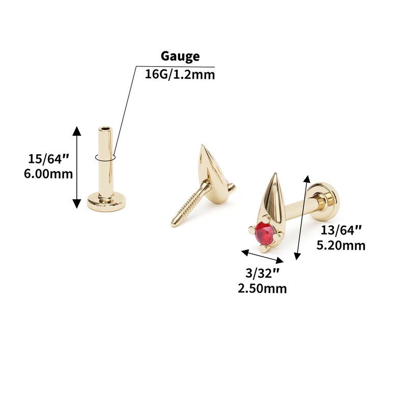 タイニー16Gルビースタッド、ルビートラガススタッドイヤリング、トラガスピアス、ミニマリスト14Kゴールドラブレットスタッド、レッドルビーピアス、タイニースパイクスタッド 画像 3