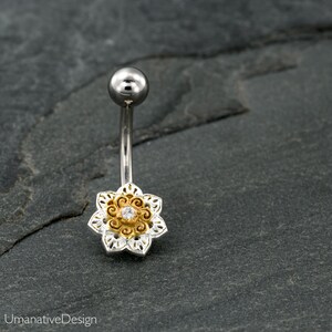 Belly Button Ring, Flower Belly Ring, Belly Piercing, Navel Ring, Flower Mandala Belly Ring